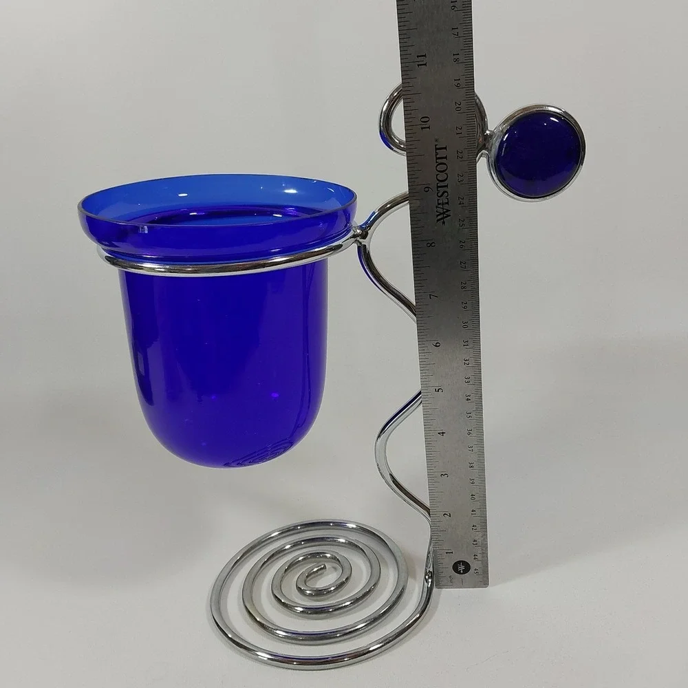 Vintage MCM‎ Cobalt Blue Glass Silver Tone Metal Coil Candle Holder 10